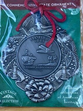 Florida 1845 Commemorative Holiday Ornament – Silver Finish with Red Cord